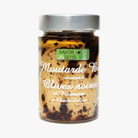 Préparation alimentaire bio à base de moutarde, olives noires et Romarin à l'huile d'olive